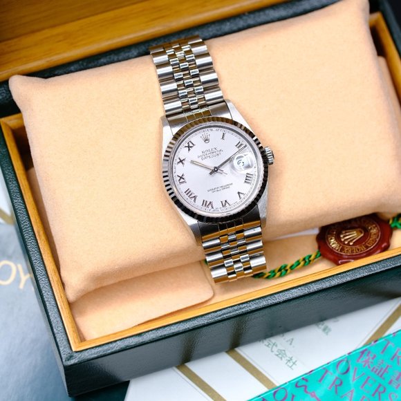 MEN'S ROLEX DATEJUST SILVER ROMAN DIAL FLUTED 36MM WATCH ORIGINAL BOX & PAPERS - Picture 5 of 12